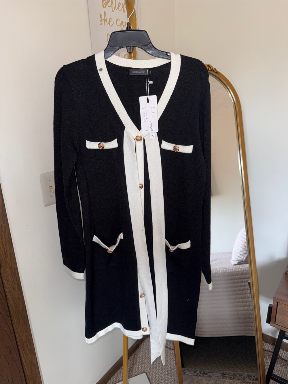 Chic Black & White Long Sleeve Button-Front Dress Cardigan